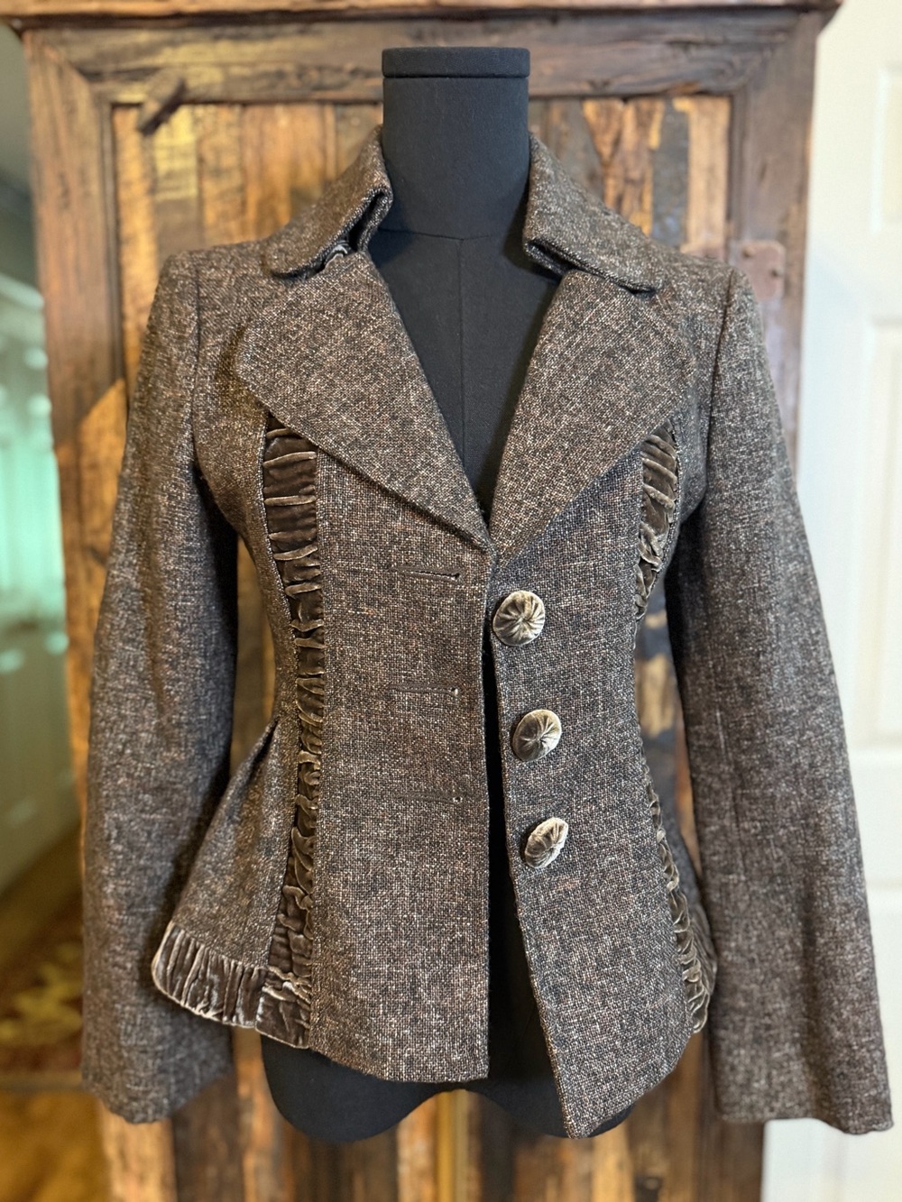 Nanette Lepore Y2K Brown Wool Peplum Blazer 2 Velvet Trim USA equestrian twee